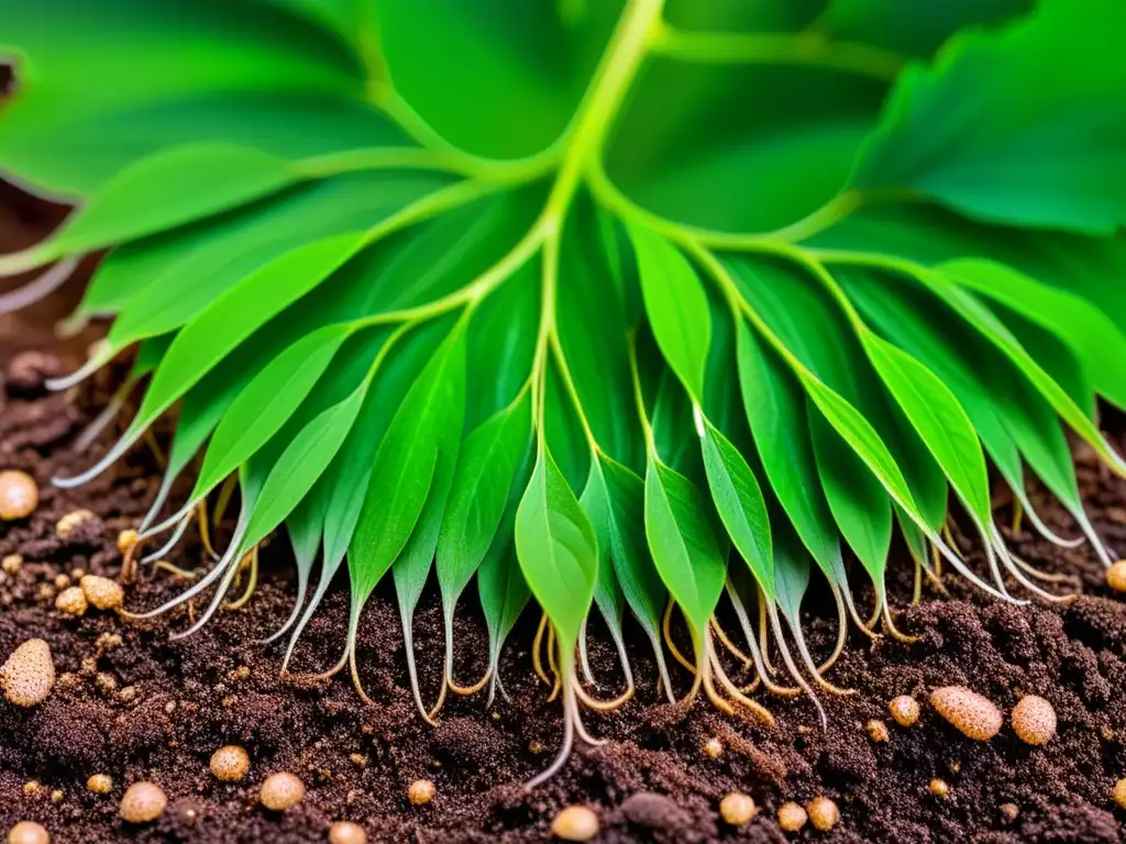 Detallada imagen de microorganismos beneficiosos interactuando con las raíces de plantas en equilibrio natural