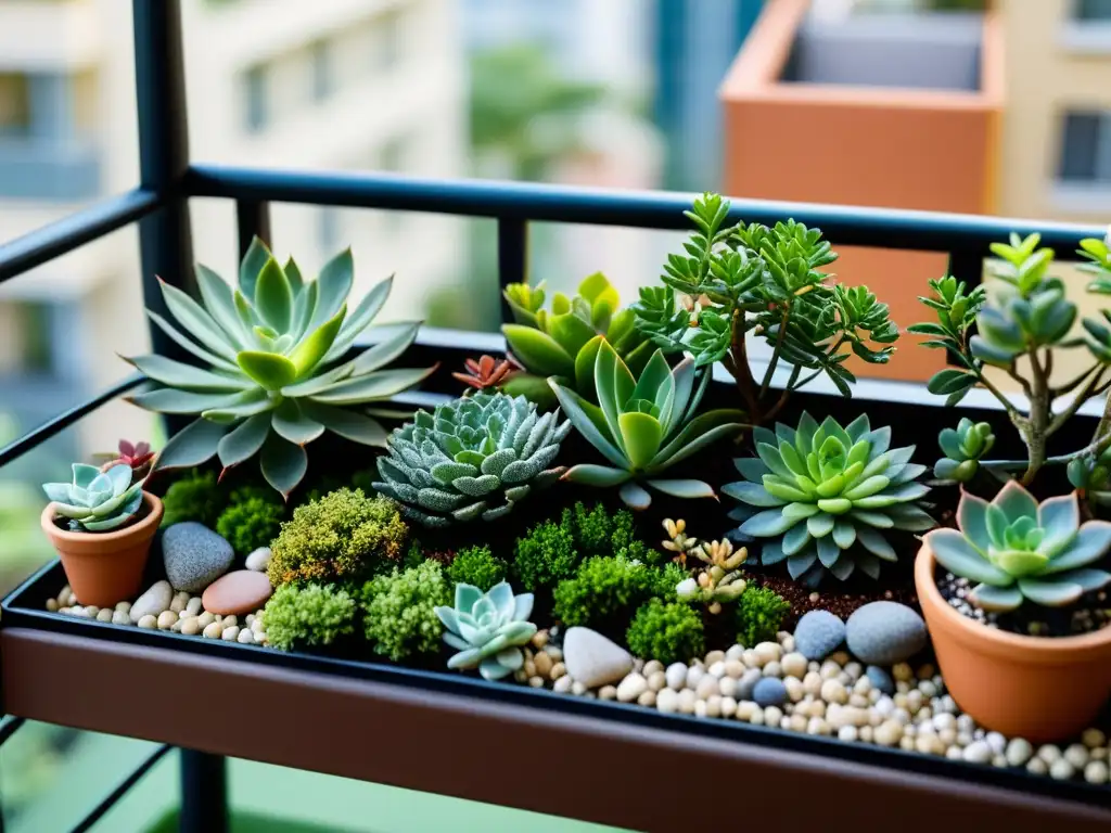 Detallada imagen de un jardín en miniatura para balcón, con plantas, suculentas y bonsáis, creando un escenario sereno y encantador