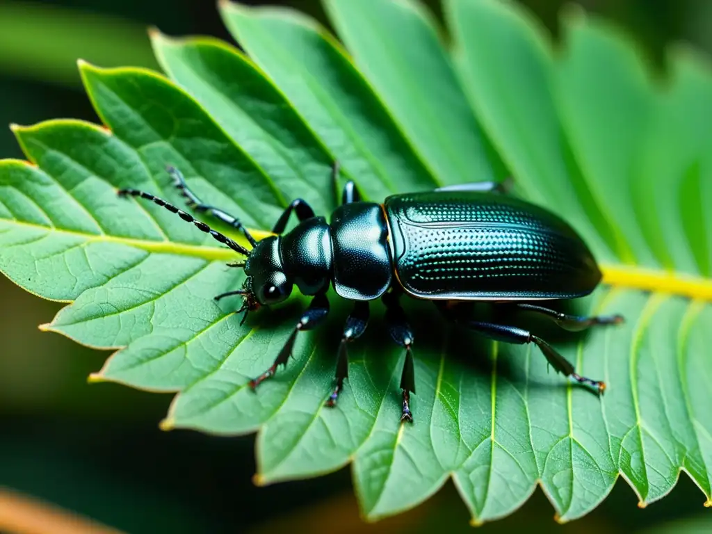 Detallada imagen de un pequeño escarabajo negro en una hoja de planta