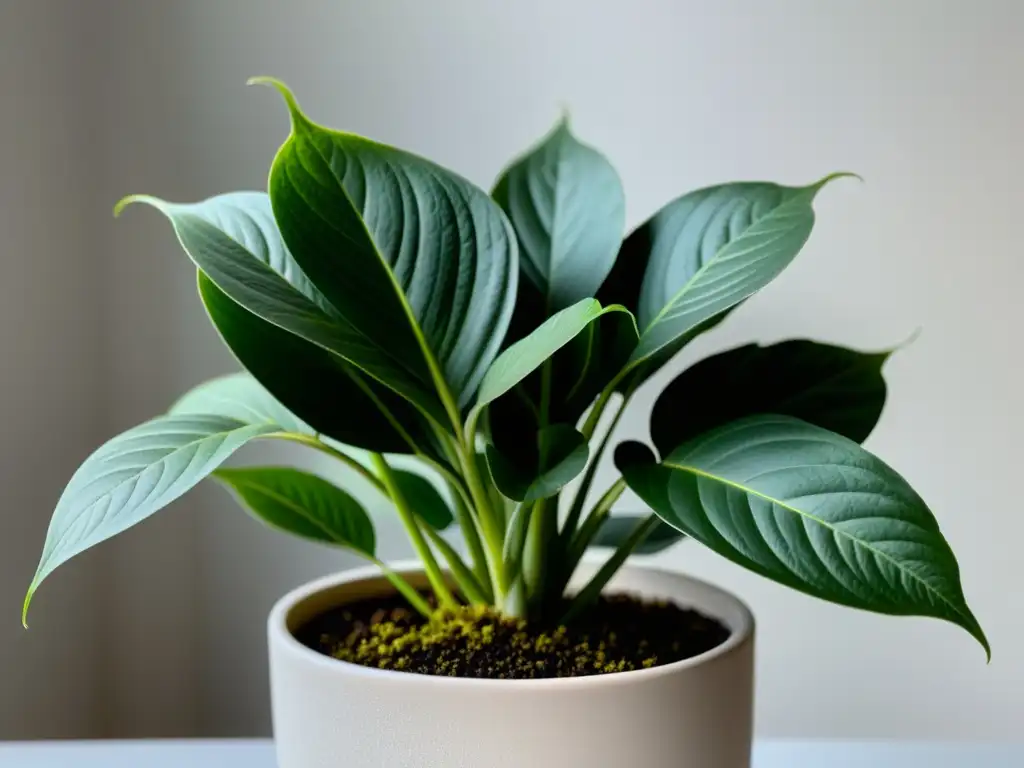 Detallada imagen de una planta de interior en maceta moderna, con hojas verdes vibrantes