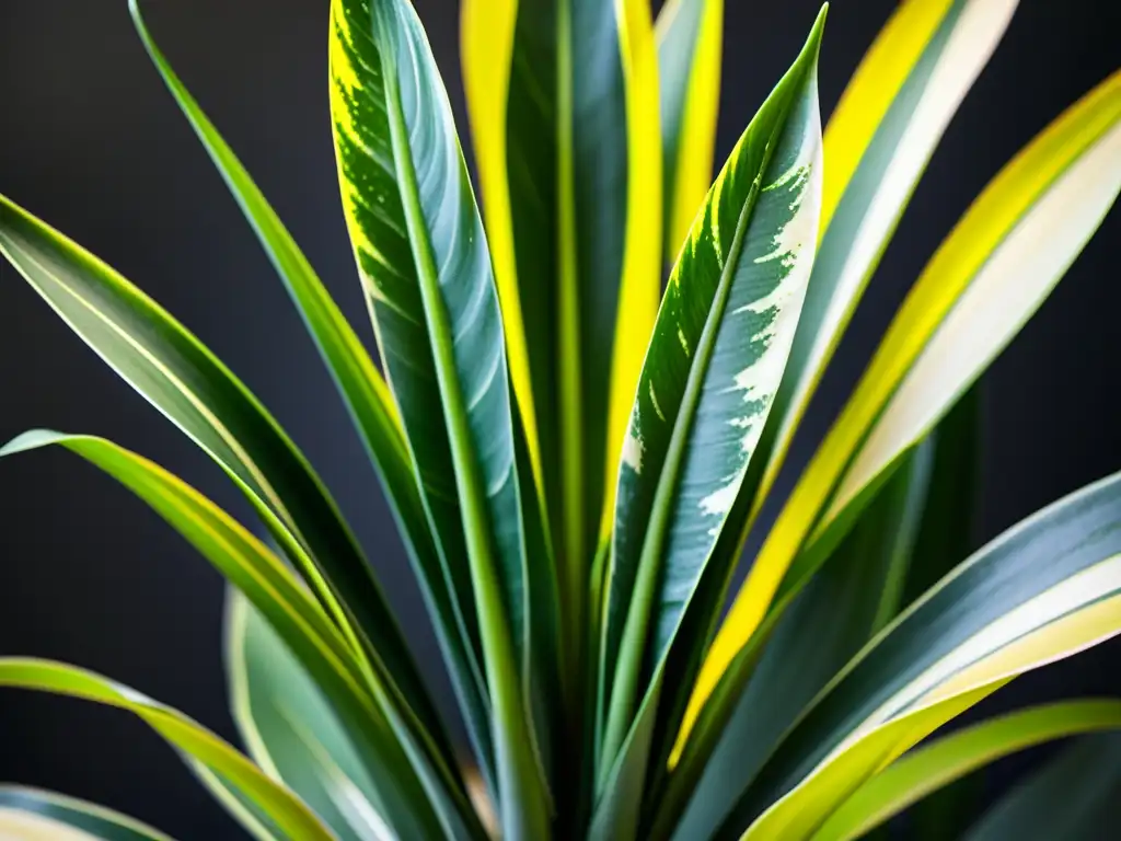 Detallada imagen de una planta Sansevieria variegada, con hojas largas y espada exhibiendo patrones verdes y amarillos