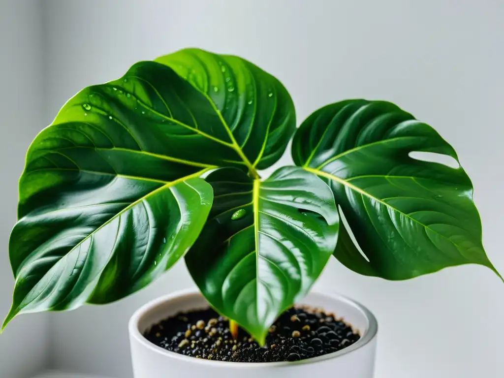 Detallada imagen de una planta filodendro verde vibrante en un elegante macetero blanco, exudando tranquilidad