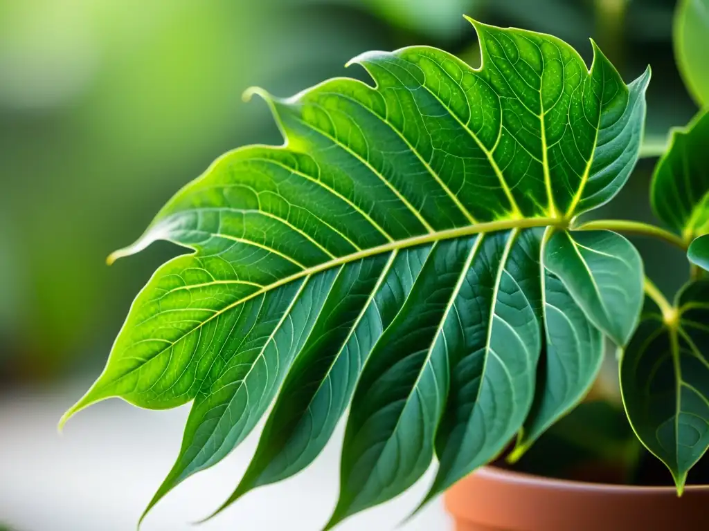 Detallada imagen de planta de interior verde vibrante, resaltando el movimiento de las plantas de interior en sus intrincadas venas iluminadas