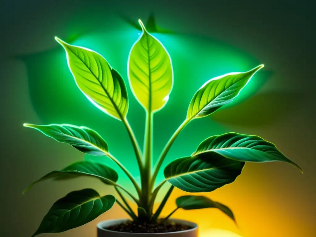 Detallada imagen de planta verde brillante bajo luz LED, resaltando beneficios tecnología LED para plantas