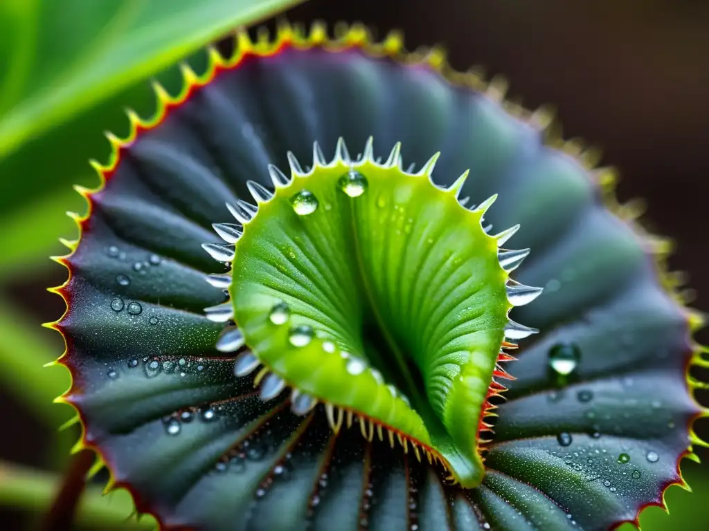 Una detallada imagen en primer plano de una vibrante Dionaea muscipula con gotas de rocío, destacando sus características únicas