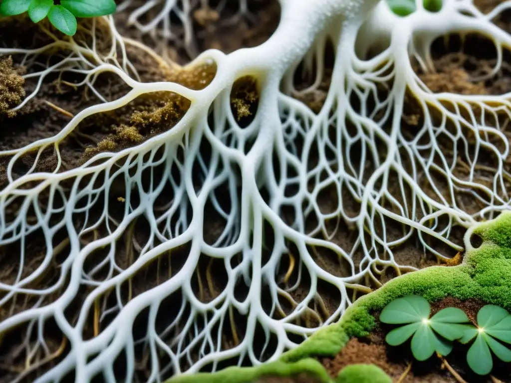 Detallada imagen de raíces entrelazadas en una red de micelio blanco, destacando la compleja relación entre hongos y raíces de plantas