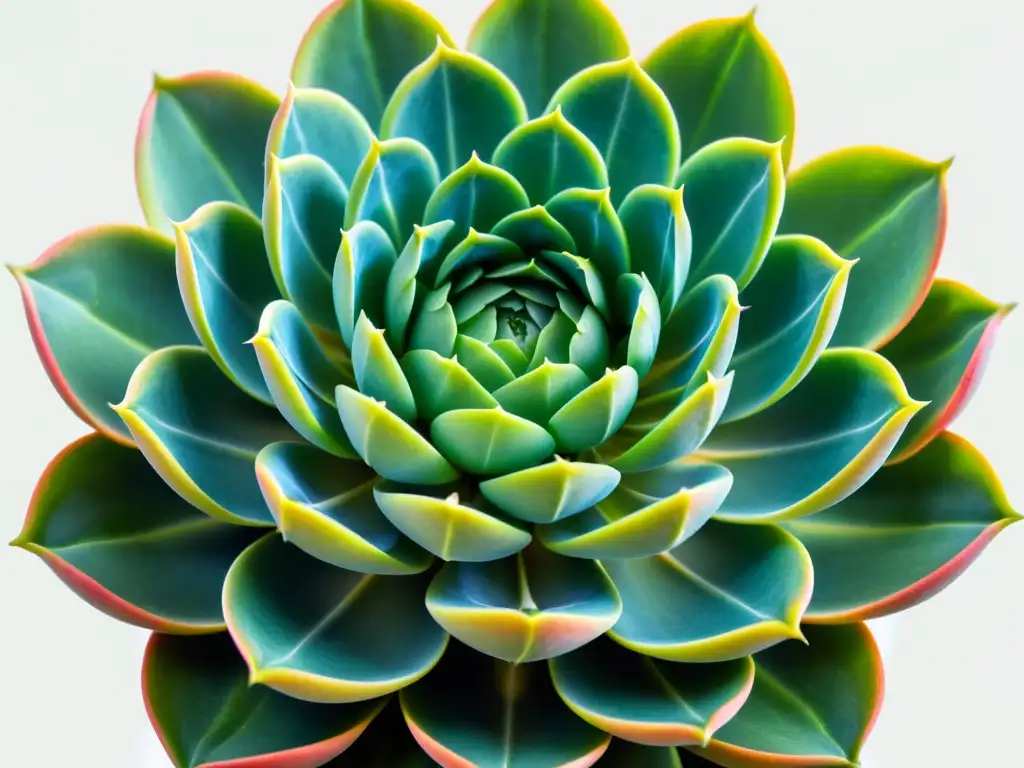 Detallada imagen de una rara suculenta verde Echeveria, destaca la importancia ecológica de suculentas exóticas en un fondo blanco minimalista