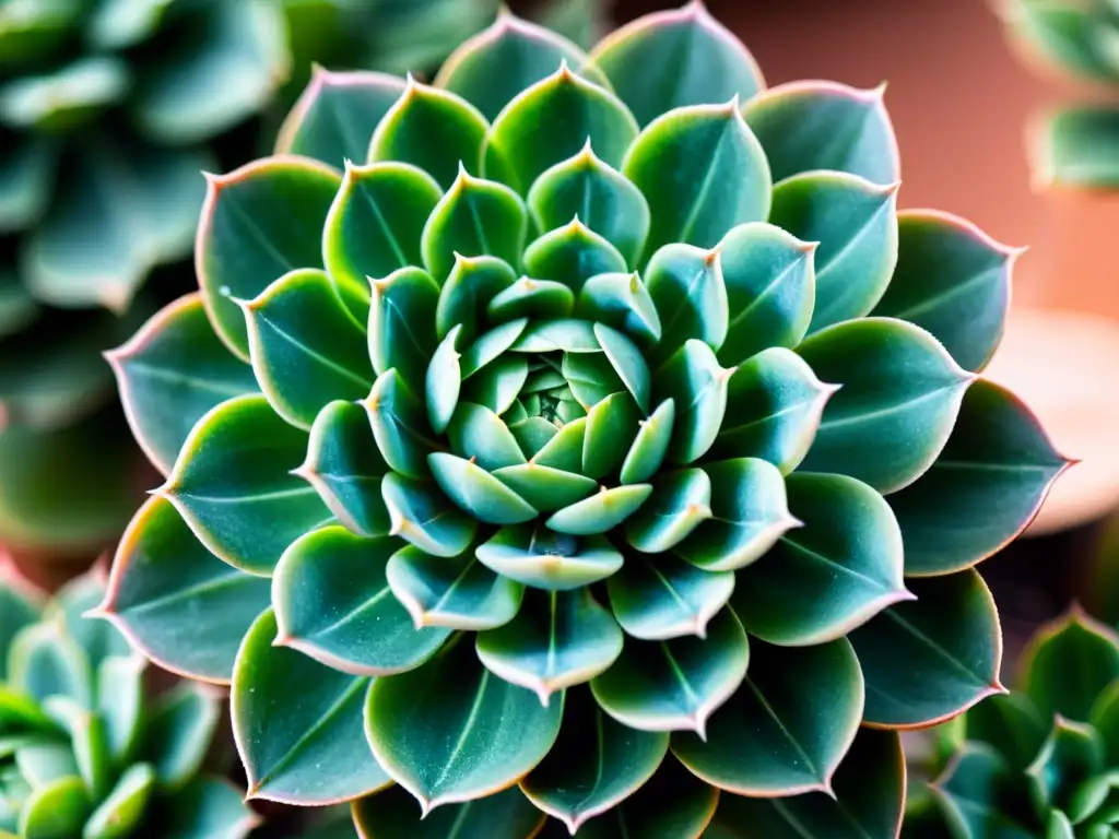 Detallada imagen de una rara suculenta con patrones simétricos en tonos de verde esmeralda y rosa polvoriento