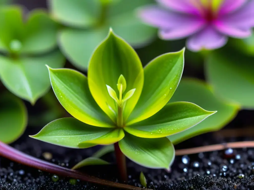 Detallada imagen de la saludable planta Pinguicula, reflejando el jardín y la luz solar