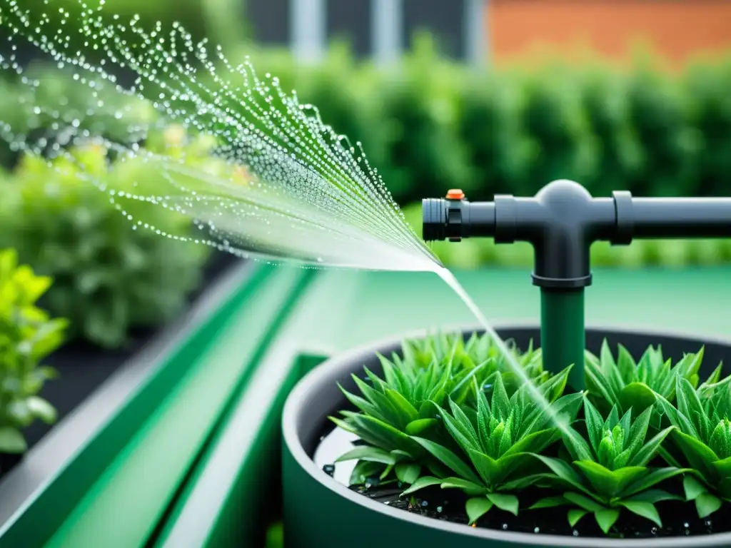 Jardín verde con sistema inteligente de riego Detallada imagen de un sistema de riego inteligente en un jardín de azotea