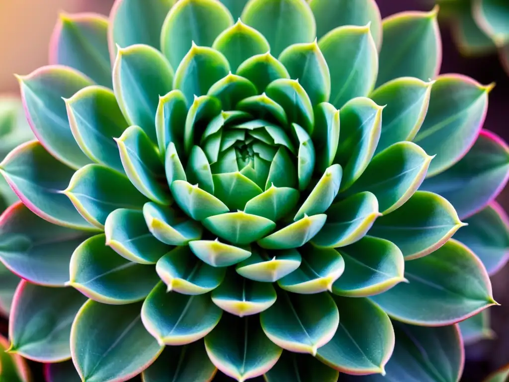 Detallada imagen de una suculenta Echeveria con hojas en tonos de verde, rosa y morado, resaltando su belleza natural