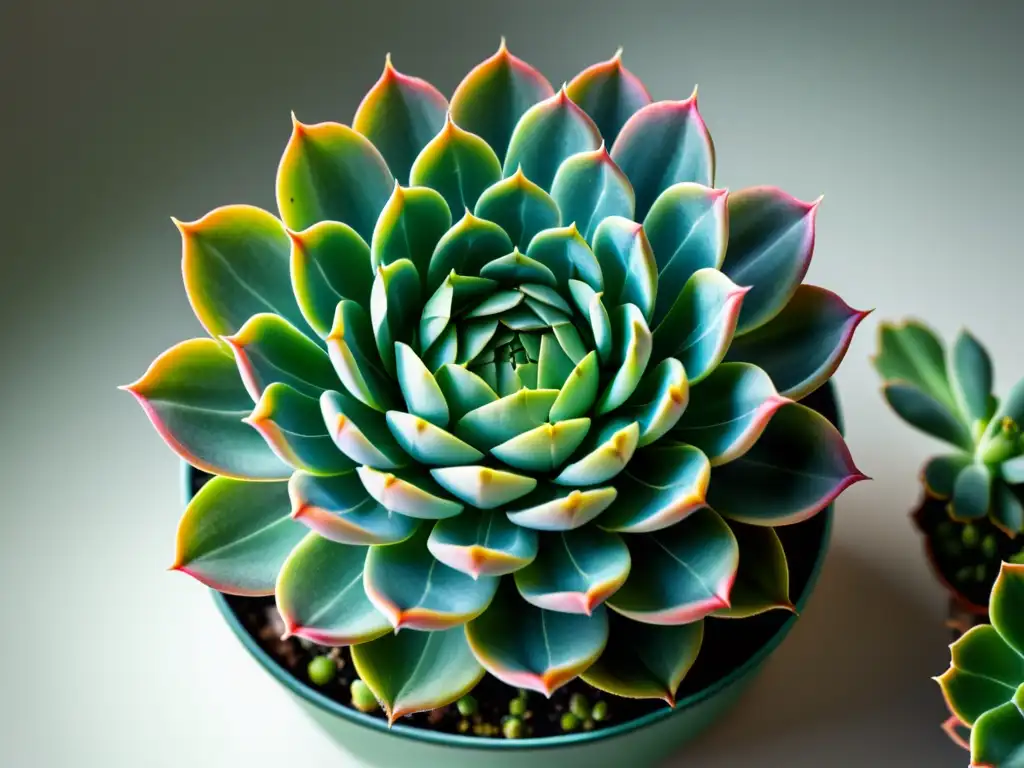 Detallada imagen de una suculenta Echeveria verde vibrante resaltando sus patrones y texturas