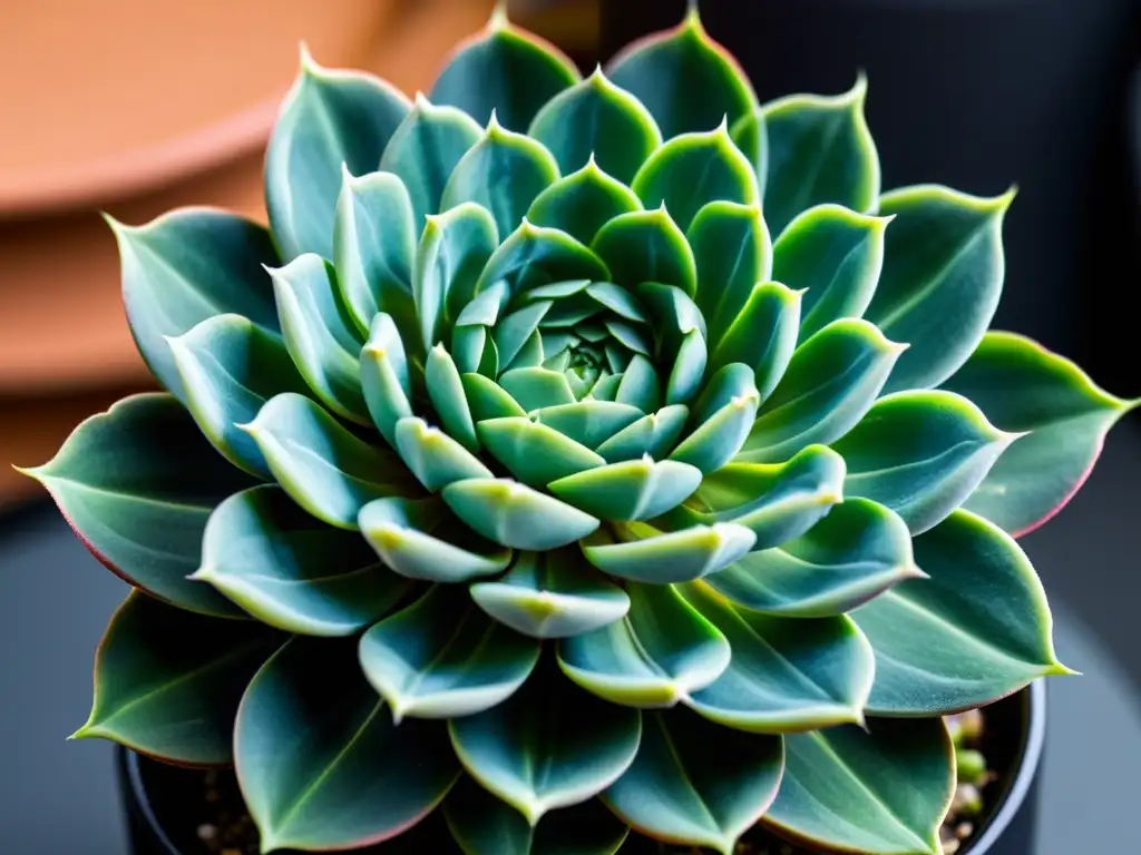 Detallada imagen de una suculenta Echeveria verde en una elegante maceta negra