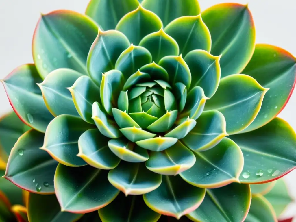 Detallada imagen de una suculenta Echeveria verde con gotas de agua, destacando sus beneficios para la salud mental