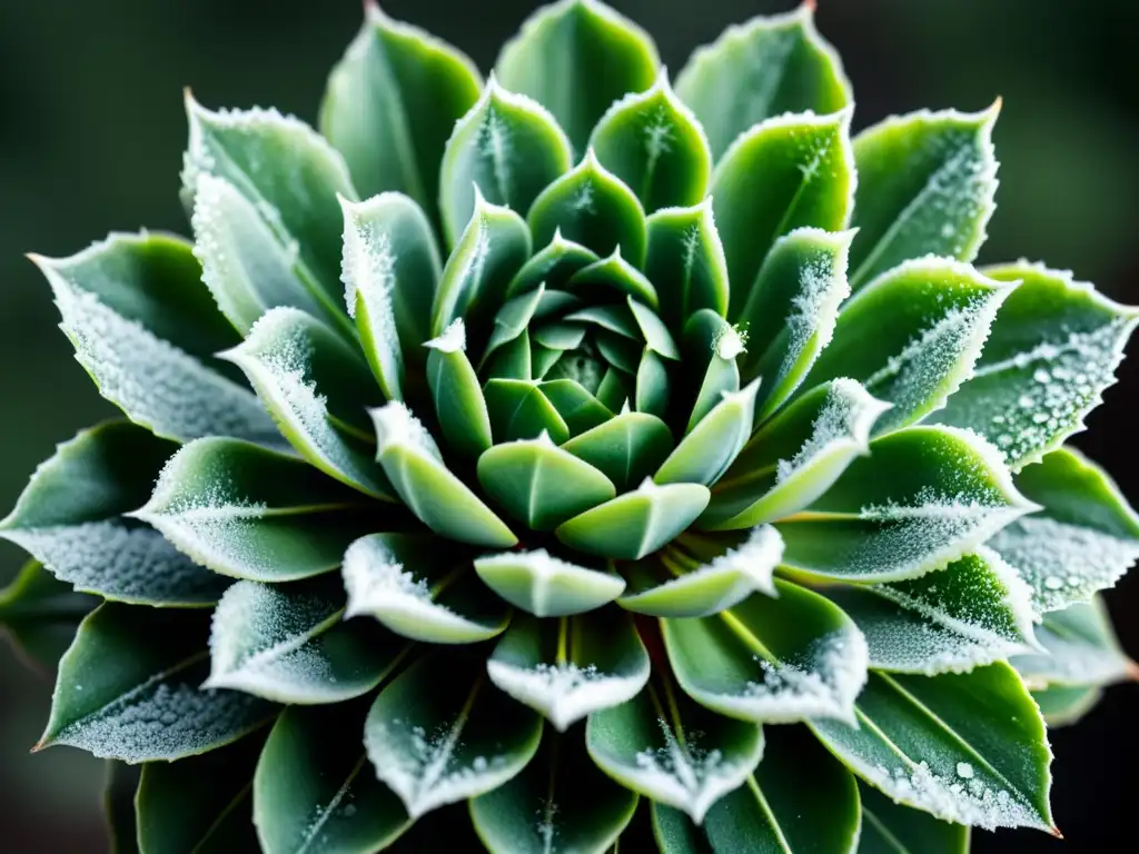 Detallada imagen de una suculenta verde con delicados cristales de hielo, en contraste con un fondo blanco