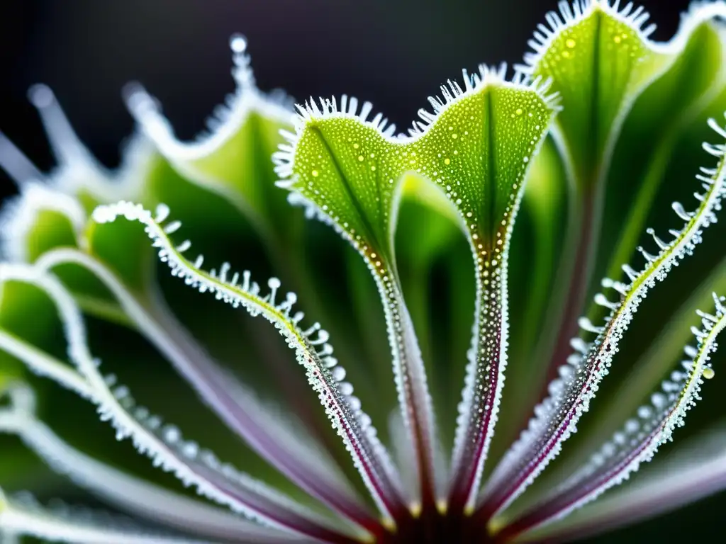 Detallada imagen de las tentáculos brillantes y pegajosos de una planta Drosera, destacando su adaptación única para atrapar insectos