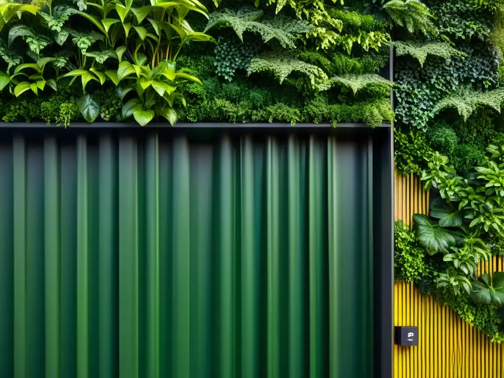 Una detallada imagen de un jardín vertical con exuberante vegetación, destacando el sistema de riego y la belleza orgánica, en un fondo moderno