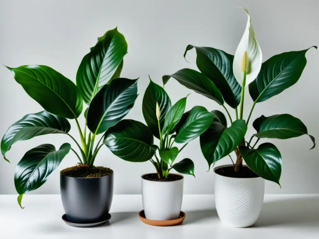 Comparación detallada en 8k de una Peace Lily y un Fiddle Leaf Fig en macetas modernas, destacando sus hojas y purificación del aire interior