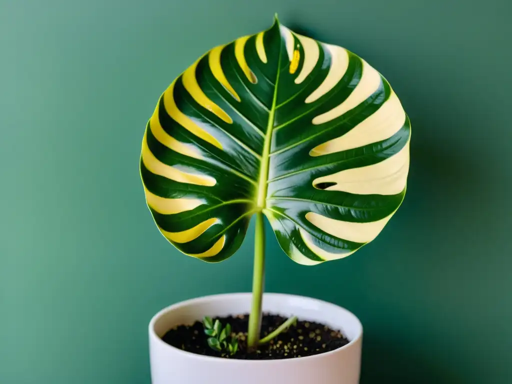 Detallada Monstera Thai Constellation con patrones variegados en hojas brillantes en maceta cerámica blanca