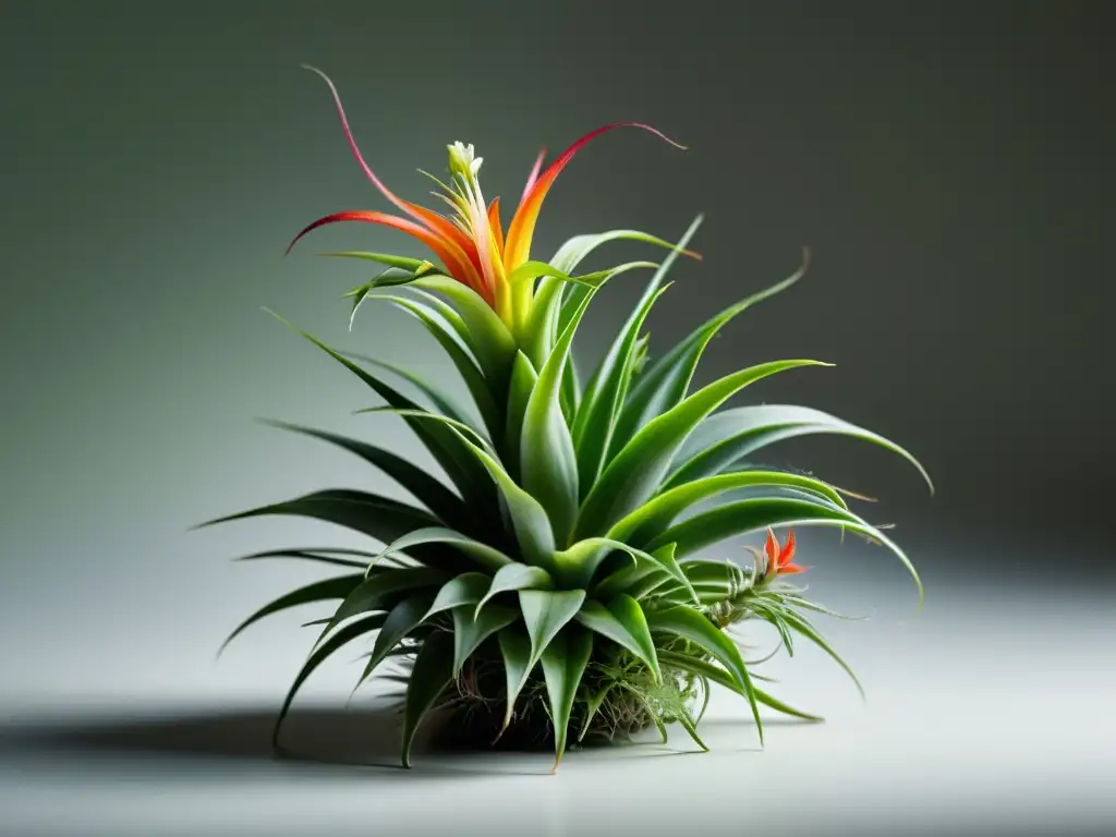 Detallada fotografía de una planta aérea Tillandsia verde vibrante, con delicados tallos y diminutas flores, sobre fondo blanco