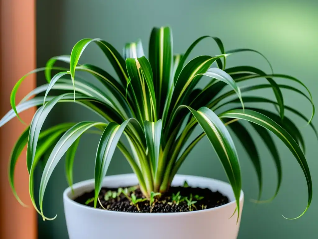 Una fotografía detallada de una planta araña próspera en una elegante maceta blanca