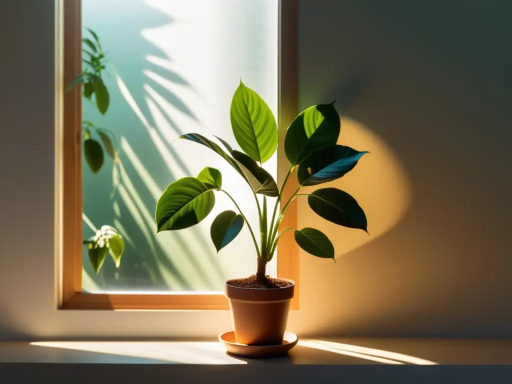 Detallada ilustración de una planta en una habitación bien iluminada, mostrando los efectos de la luz solar en las hojas