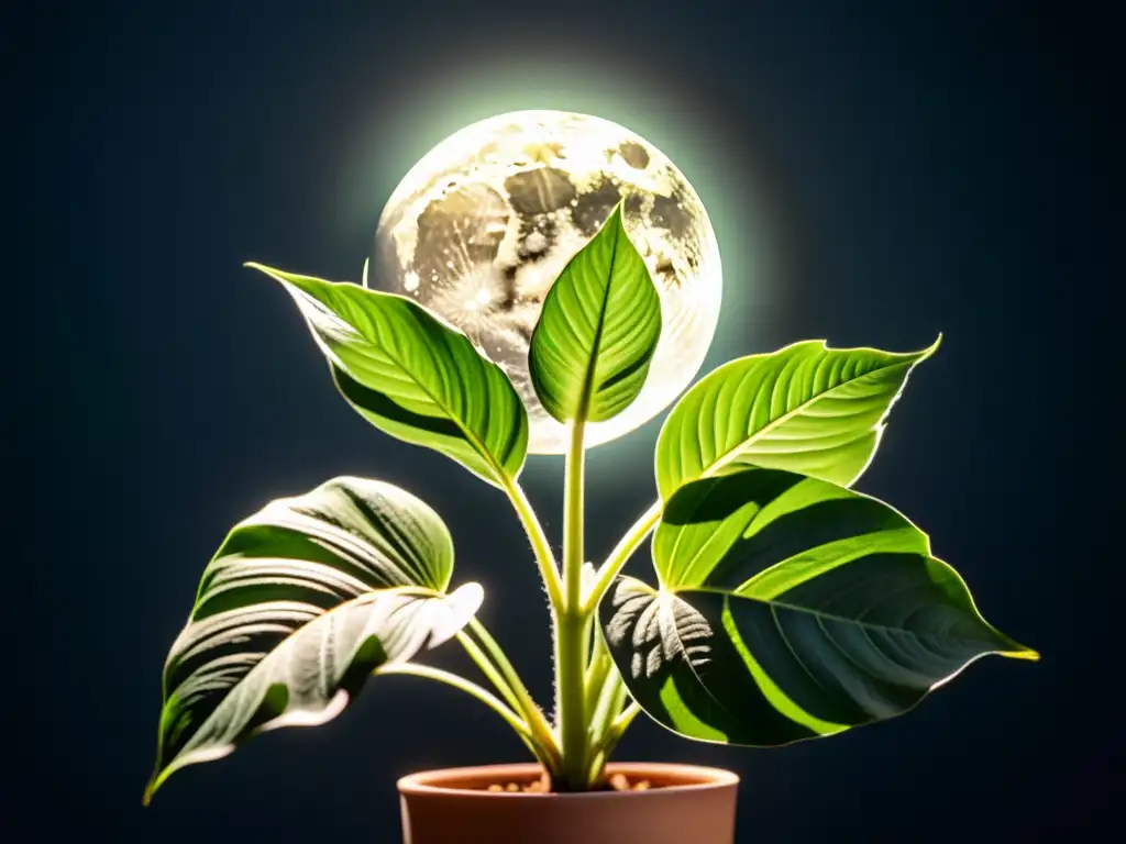 Detallada planta de interior verde bajo luz lunar, mostrando patrones de hojas