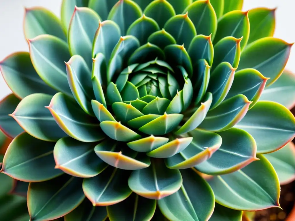 Detallada fotografía en primer plano de una suculenta verde vibrante, con patrones e texturas intrincados en sus hojas