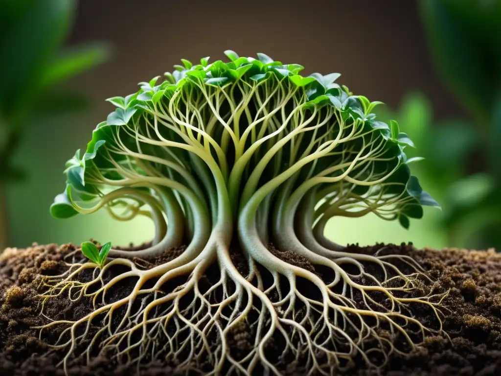 Detallada fotografía de las raíces entrelazadas de una planta de interior, enriquecida por la serenidad natural