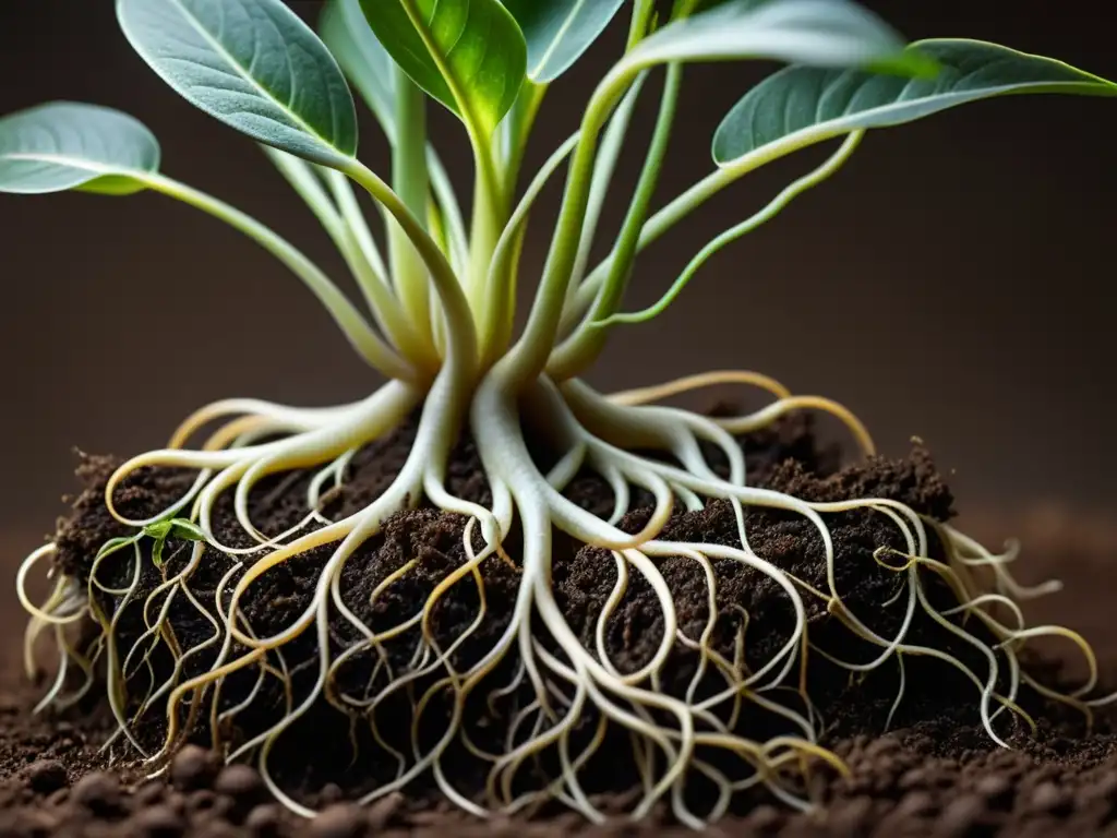 Una fotografía detallada de las raíces de una planta de interior, mostrando su compleja red en la tierra