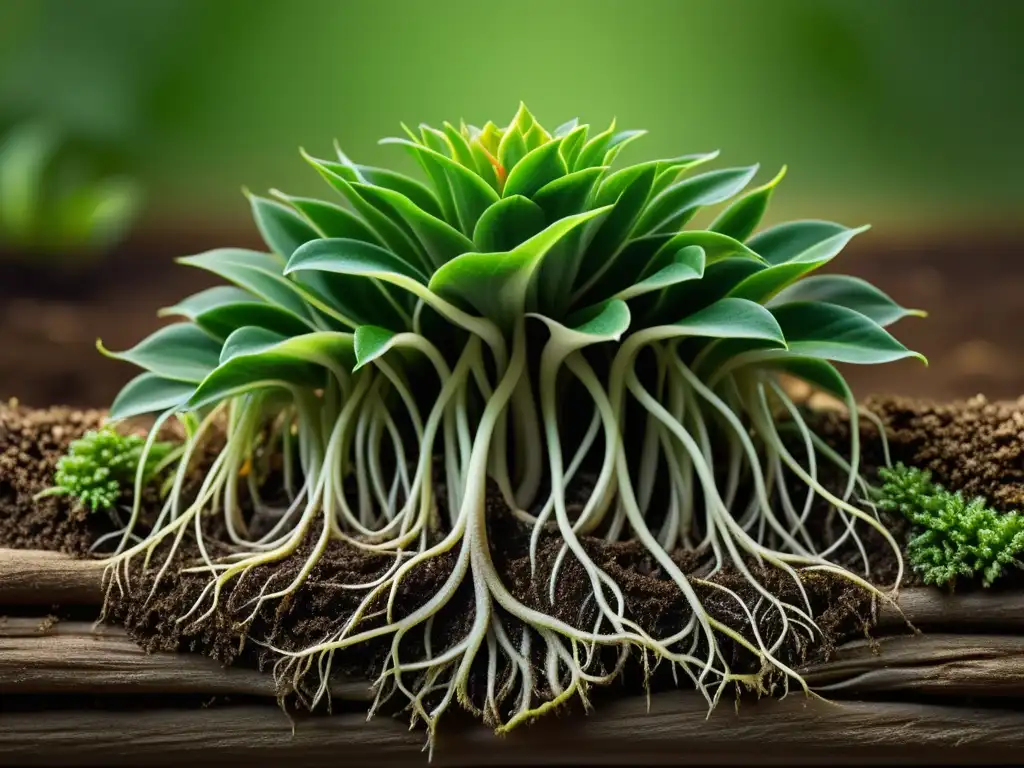 Detallada fotografía de raíces de plantas verdes, mostrando su intrincada red en el suelo, bañadas en suave luz difusa