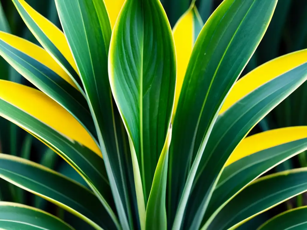 Detallada fotografía de una saludable planta Sansevieria Trifasciata, con hojas variegadas en verde y amarillo claro