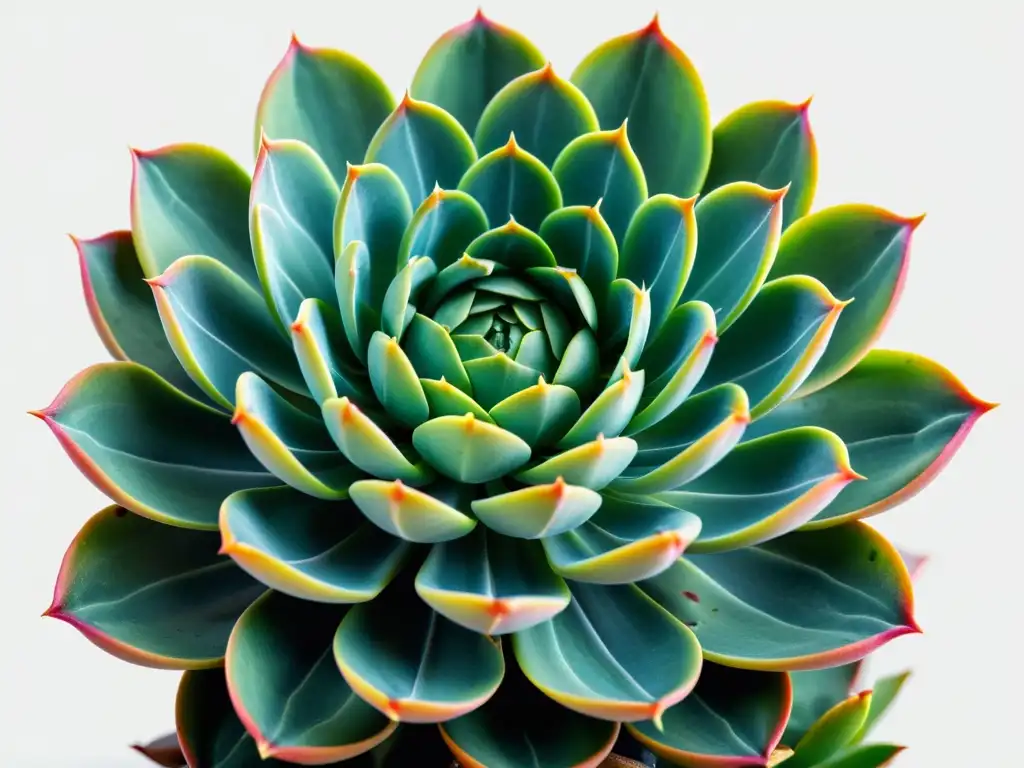 Detallada fotografía de una suculenta Echeveria verde sobre fondo blanco