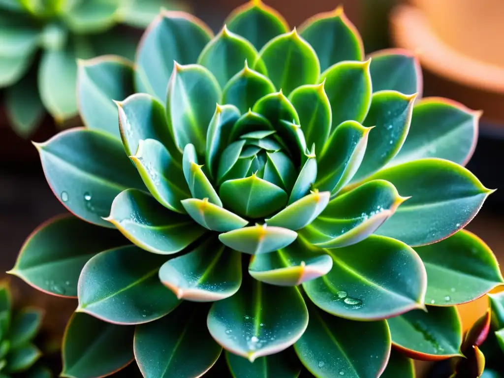 Fotografía detallada de una suculenta con gotas de agua, iluminada por luz natural, creando una atmósfera serena y cautivadora