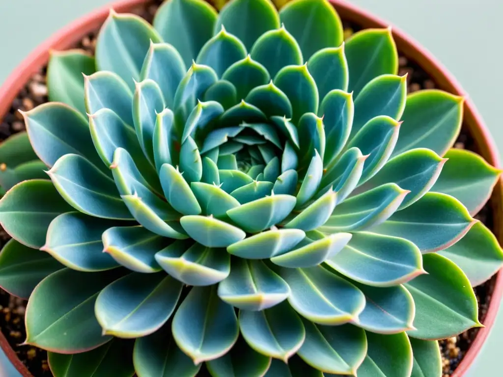 Detallada fotografía de una suculenta rara con hojas azulverdosas y bordes rosados, destacando sus patrones geométricos