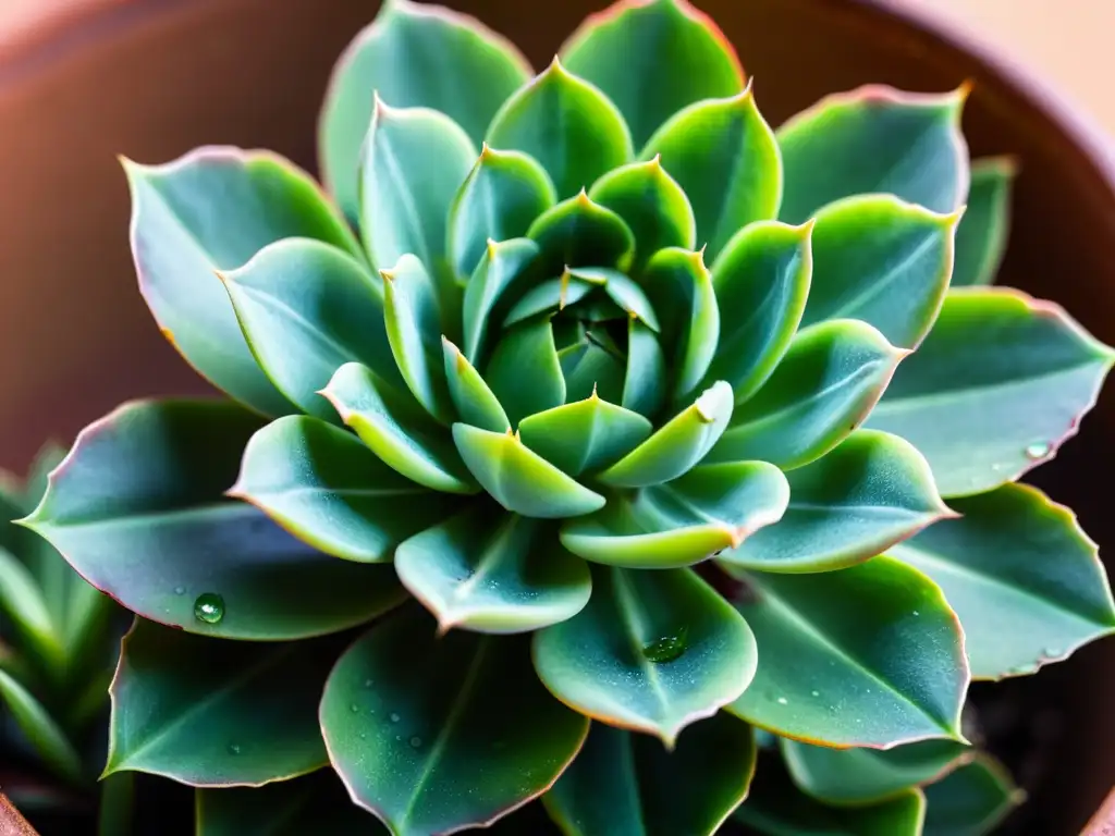 Suculenta verde con gotas de agua: belleza natural Una fotografía detallada de una suculenta verde vibrante, bañada por la luz natural, resalta sus detalles