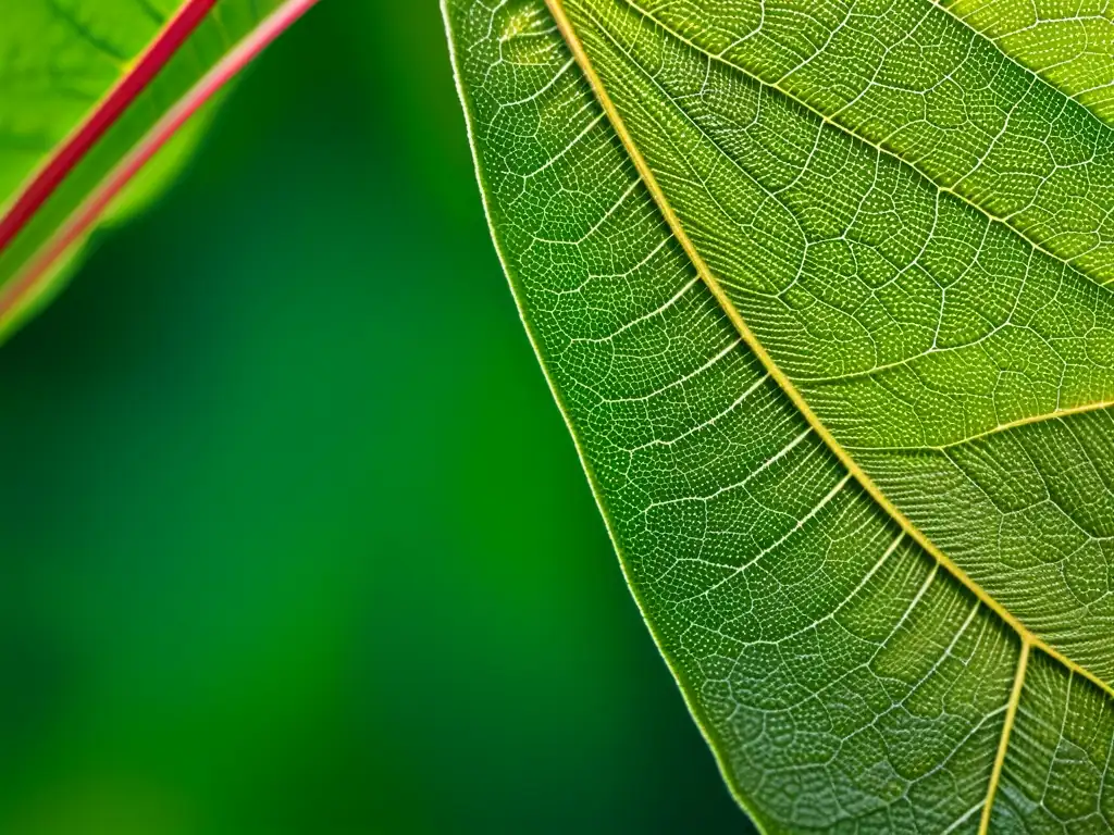 Detallada textura de hoja verde bajo microscopio, con finas venas y patrones en vivo