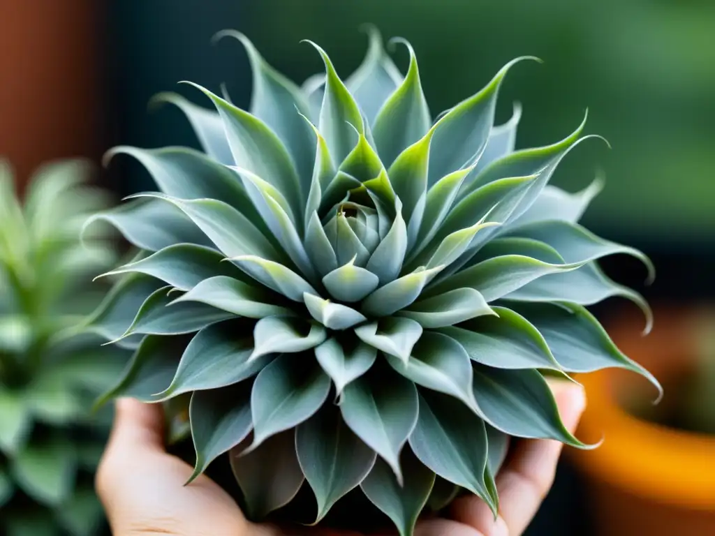 Detallada fotografía de Tillandsia xerographica, su roseta plateada resalta en la luz solar