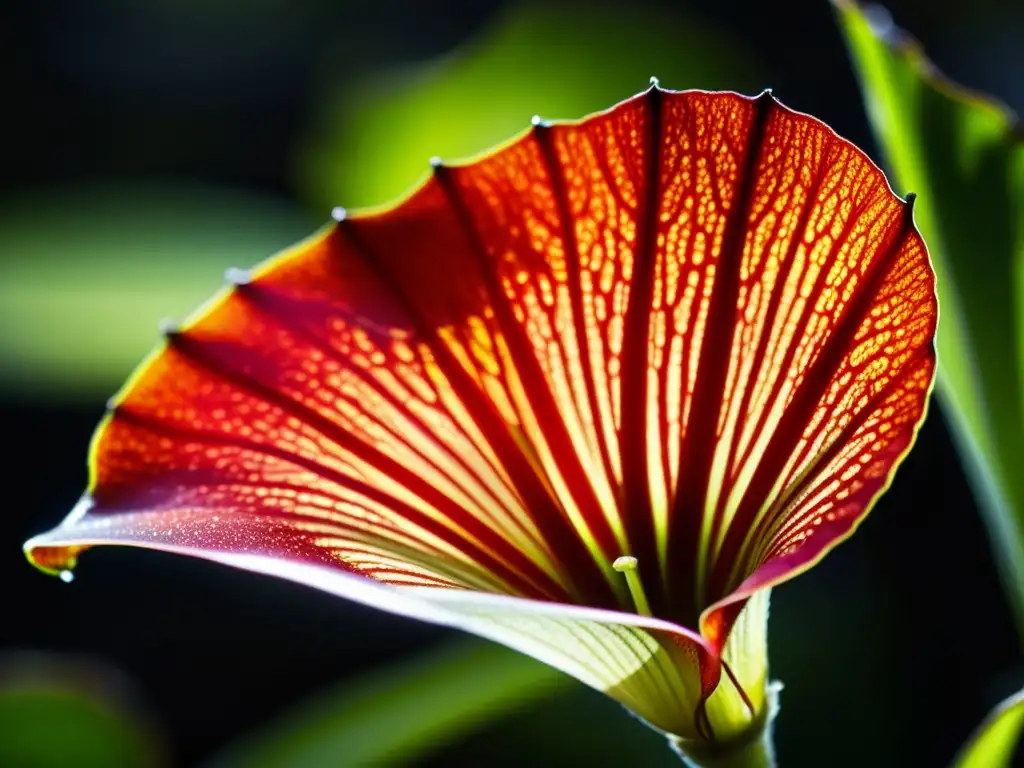 Una fotografía detallada de una vibrante planta jarra Sarracenia, con venas intrincadas y delicados vellos