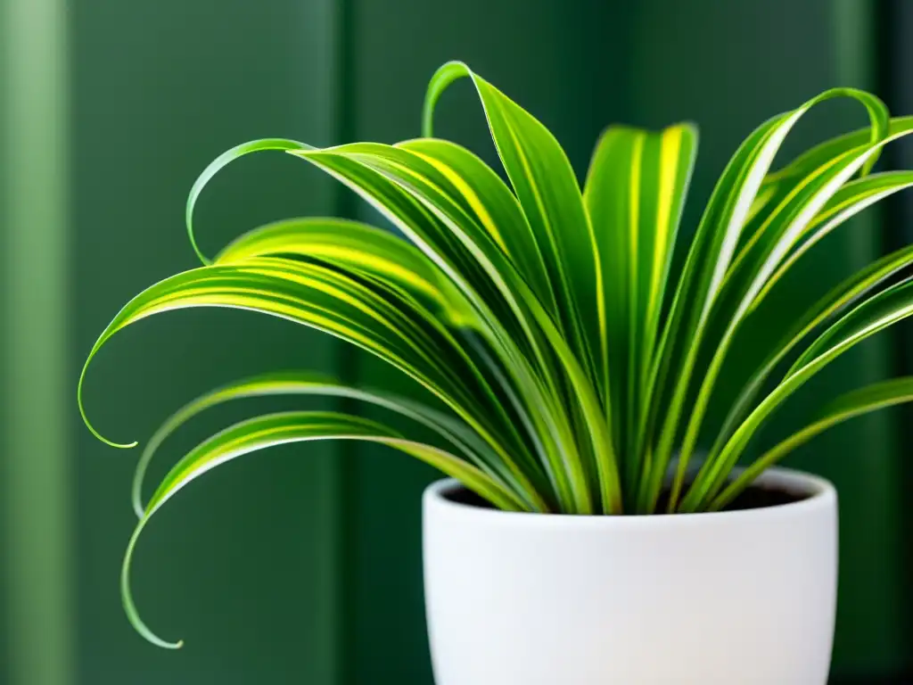 Un detallado y hermoso retrato de una planta araña verde exuberante en una elegante maceta blanca