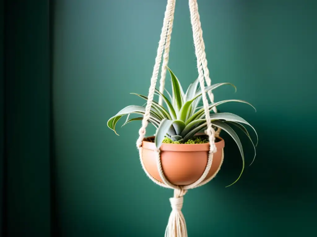 Detallado macramé para plantas aéreas en entorno minimalista y luz natural, muestra técnicas de macramé en detalle