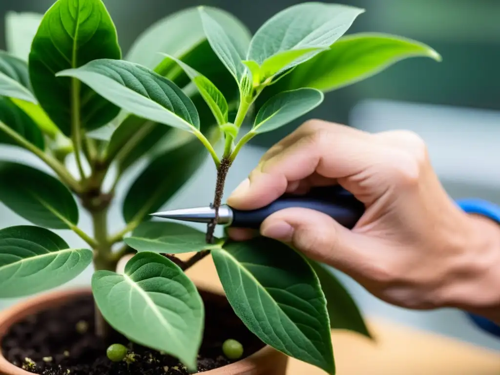 Proceso de injerto de plantas: Precisión y delicadeza en la horticultura Un detallado proceso de injerto de plantas de interior con herramientas de precisión