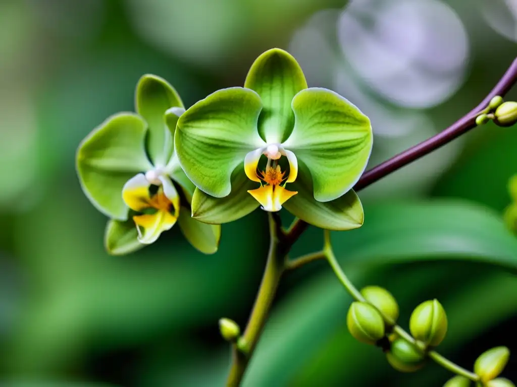 Detallado retrato de una orquídea verde vibrante con raíces aéreas entrelazadas, mostrando su adaptación única