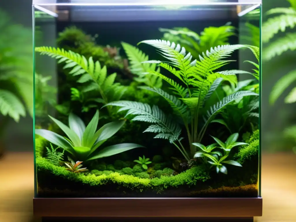 Un detallado terrario verde con plantas tropicales, helechos y musgos