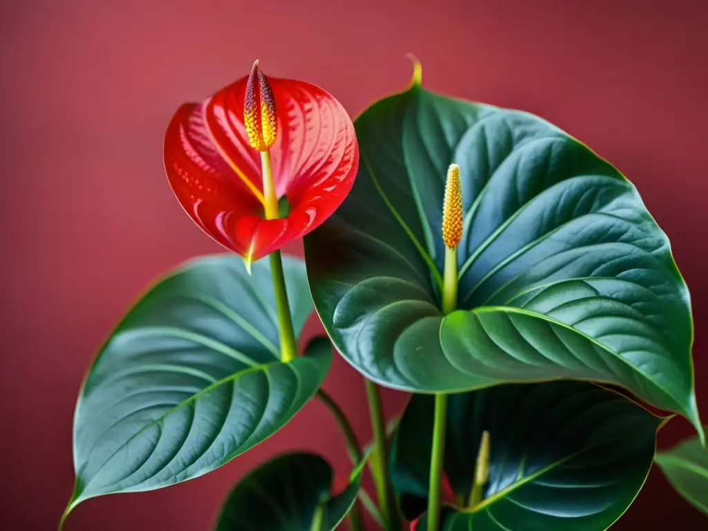 Anthurium rojo: belleza y detalle en floración Un detallado y vibrante cultivo de anturios en plena floración, con hojas en forma de corazón y flores rojas densamente agrupadas