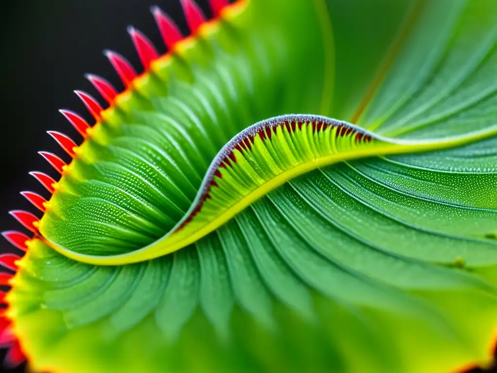 Detalle en alta resolución de una hoja saludable de Dionaea muscipula (Venus atrapamoscas) con insecto atrapado