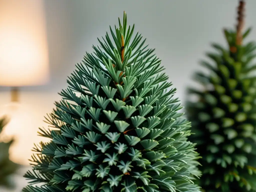 Detalle de un árbol de conífera verde vibrante en un moderno interior, evocando tranquilidad