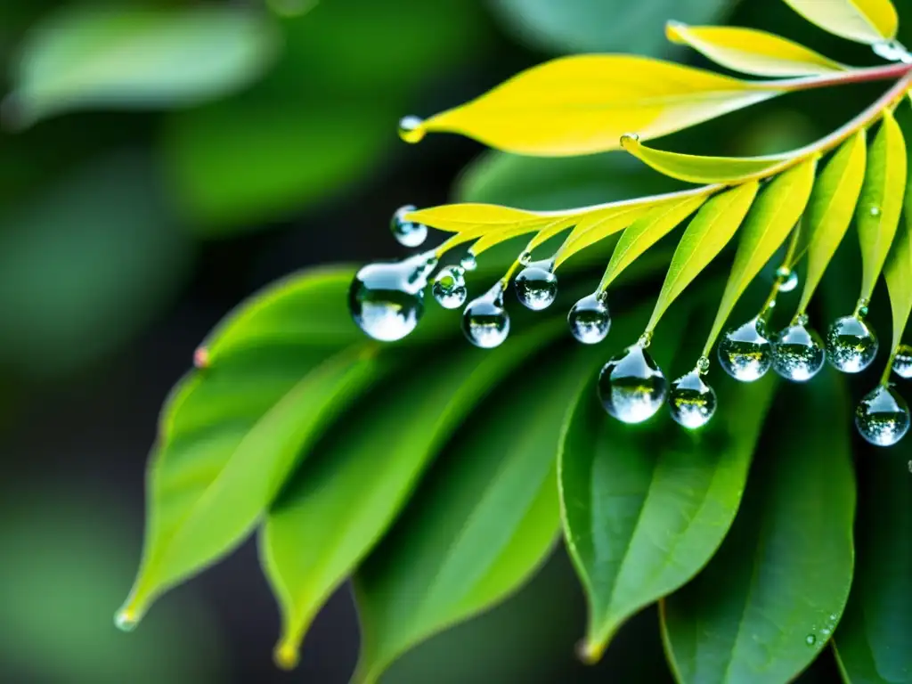 Detalle asombroso de gotas de agua en hojas verdes de higo lira