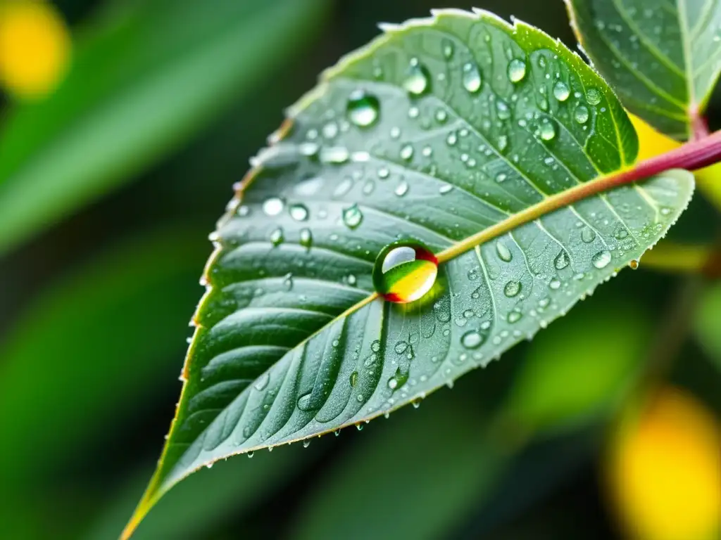 Detalle asombroso de gotas de agua en hojas verdes de planta de interior, reflejando luz