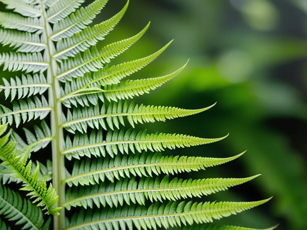 Detalle asombroso de helechos verdes desplegándose bajo luz natural, resaltando su belleza orgánica y beneficios plantas de interior